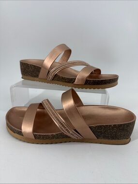 Women's Rose Gold Slide Sandals with Cork Wedge